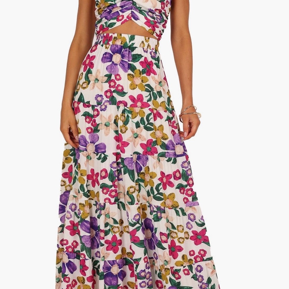 Petal & Pup White Floral Maxi Dress with Purple, Pink & Green Print